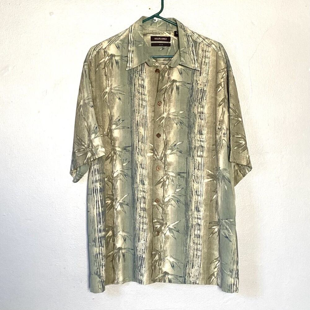 Murano Shirt Mens Size Large Green Hawaiian 100% Silk Short Sleeve Button Up